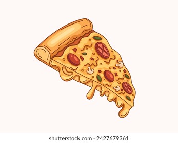 Illustration of a delicious sliced pizza with melted cheese blanketing the crispy crust, while savory toppings of sausage, mushrooms, and tomatoes tantalize the taste buds.