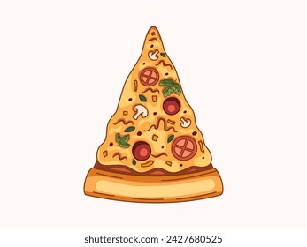 Illustration of a delicious sliced pizza with melted cheese blanketing the crispy crust, while savory toppings of sausage, mushrooms, and tomatoes tantalize the taste buds.