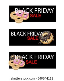 Illustration of Delicious Sweet Donuts on Black Friday Shopping Banner for Start Christmas Shopping Season.