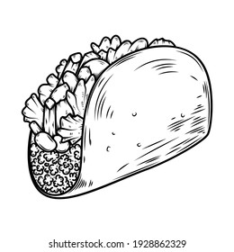 Illustration of delicious taco. Design element for poster, card, banner, sign, logo. Vector illustration