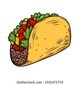 Illustration of delicious taco. Design element for poster, card, banner, sign, logo. Vector illustration