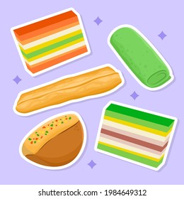 Illustration of delicious traditional Indonesia cakes snacks jue lapis kue pukis dadar gulung snacks sticker set collection vector design