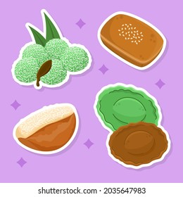 Illustration of delicious traditional Indonesia dessert include klepon, roti bantal goreng, kue pancong, kue cucur sticker set collection