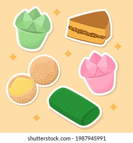 Ilustración de deliciosos aperitivos tradicionales de Indonesia kue mangkok martabak manis onde lemper colección de emoticones