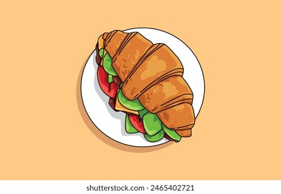 illustration of delicious vegetarian croissant sandwich food
Top view. food concept.