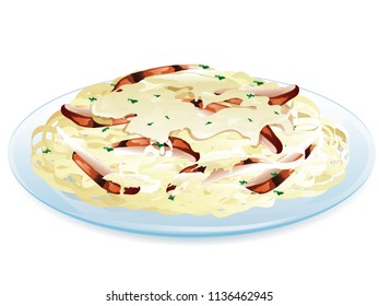 Illustration of deliciously grilled chicken, with fettuccine pasta, and topped with creamy parmesan cheese sauce