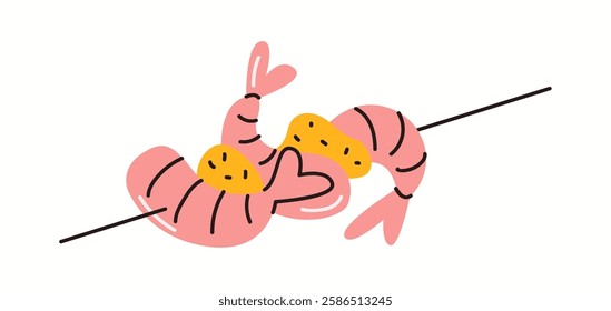 Illustration of deliciously grilled shrimp skewers, seasoned with spices and arranged on a stick, a popular street food snack in many Asian countries, depicted in a clean vector style.