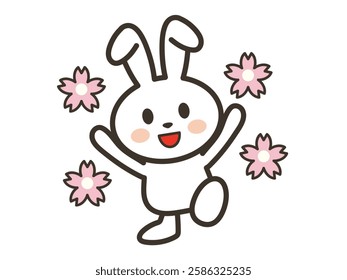 An illustration of a delighted cute white rabbit and cherry blossom petals