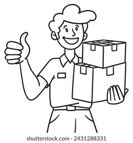 Ilustración de un repartidor con paquetes en la mano mostrando los pulgares hacia arriba. Vector de contorno monocromo.