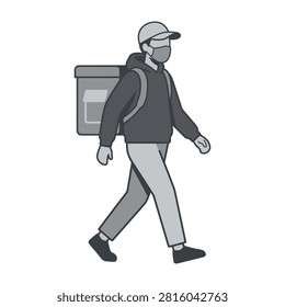 Illustration of a delivery courier walking with a large backpack. Logistics worker transporting parcels. Represents modern logistics services and urban delivery concepts.