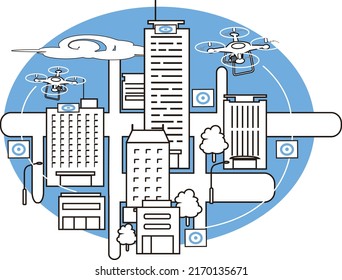 It is an illustration of a delivery drone flying over the sky.