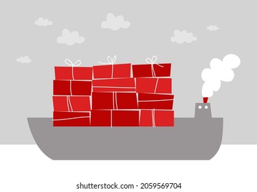 Illustration of delivery of gifts by container ship