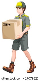 Illustration of a delivery man with a big box on a white background