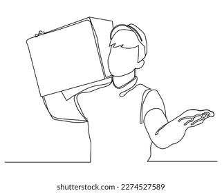 illustration of a delivery man carrying cardboard box in one line style.