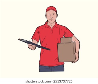 Illustration of delivery man carrying package box wearing red shirt. Flat color vector.