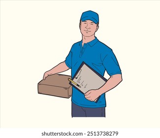 Illustration of delivery man carrying package box wearing blue shirt. Flat color vector.
