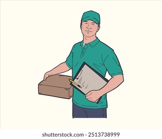 Illustration of delivery man carrying package box wearing green shirt. Flat color vector.
