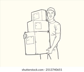 Ilustración del hombre de entrega que lleva la caja del paquete. Esquema de la línea de Vector art.