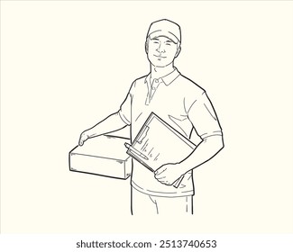 Illustration of delivery man carrying package box. Outline vector line art.
