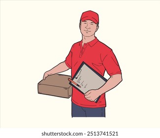Illustration of delivery man carrying package box wearing red shirt. Flat color vector.