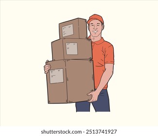 Illustration of delivery man carrying package box wearing orange shirt. Flat color vector.