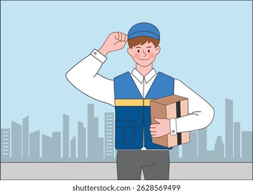Illustration of delivery man in city background