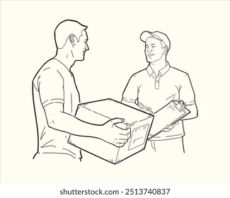 Illustration of Delivery man giving package customer. Outline vector line art.