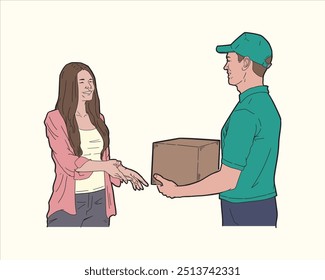 Illustration of delivery man giving package to customer wearing green shirt. Flat color vector.