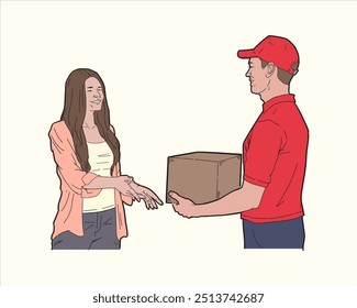 Illustration of delivery man giving package to customer wearing red shirt. Flat color vector.