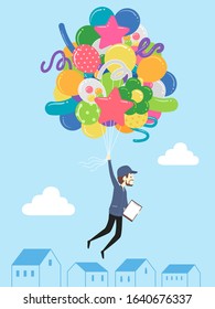 Illustration of a Delivery Man Holding Clipboard and Being Carried by Balloons Up in the Sky Above Houses