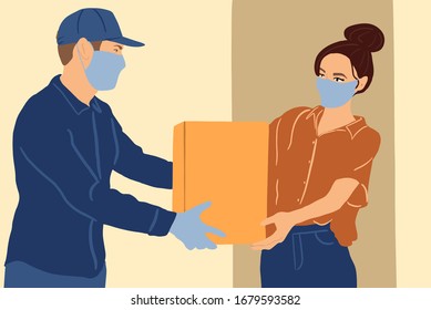 Illustration of a delivery man in medical facial mask and gloves delivering parcel to a young woman during a quarantine. Concept of delivery of goods during the epidemic