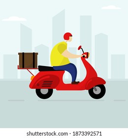 An illustration of a delivery man on red scooter in a big city. Food ordering concept. 