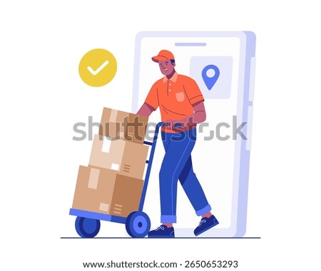 Illustration of a delivery man pushing a trolley full of boxes, stepping out from a giant smartphone interface. Concept of parcel delivery and smart logistics service