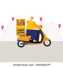 illustration of a delivery man riding a Vespa motorbike looking for the address of the recipient of the package