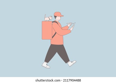 Illustration of a delivery man that was happily doing his job with a space to place the letters beautifully. Flat style cartoon using only 5 color. Vector, illustration.