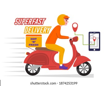 Illustration of Delivery man travelling to deliver the food on scooter.