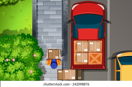 Illustration Of A Delivery Man Walking By The Truck