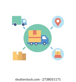 Illustration of delivery network with trucks packages and location icons. Flat style vector graphic in pastel colors.