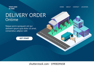 Ilustración de una orden de entrega a tiempo, dos hombres recogiendo el pedido de una mujer, concepto de diseño de ilustración isométrica vectorial para sitios web, folletos, pancartas, páginas de inicio, páginas de inicio