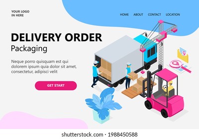 Illustration of a delivery order packaging, two men putting delivery goods into a box truck, and another driving a FORKLIFT. isometric vector illustration design concept