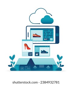 Illustration of delivery package boxes open to contain grocery orders purchased with mobile apps and cloud. Can be used for posters, websites, brochures, banners