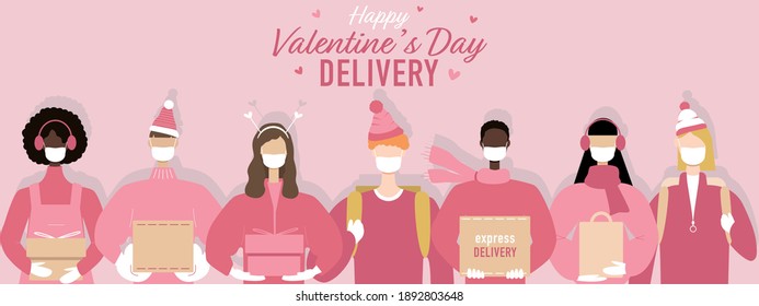 Illustration of delivery people in medical facial masks and gloves delivering parcels. Valentine's Day delivery.	