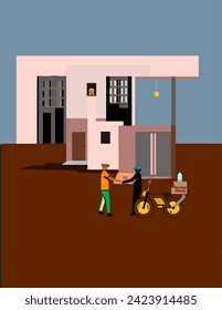 illustration of a delivery person deliverying fast food package to a person in front of a modern urban home building