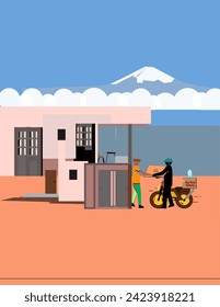 illustration of a delivery person deliverying fast food package to a person in front of a modern urban home building