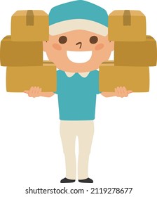 Illustration of the delivery person. An energetic man. He has a lot of luggage.