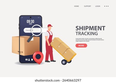 Illustration of a delivery person with a hand truck and boxes, next to a smartphone displaying shipment tracking features, emphasizing logistics and technology.