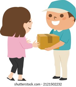 Illustration of the delivery person. Illustration of a man handing a woman's cardboard.