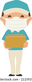 Illustration of the delivery person. A man wearing a mask with cardboard.