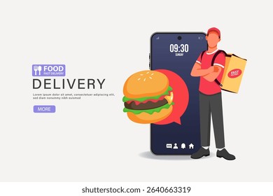Illustration of a delivery person with a smartphone and burger icon, representing fast food delivery service.