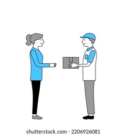 Illustration of a delivery person and woman receiving delivery (white background, vector, cut out)